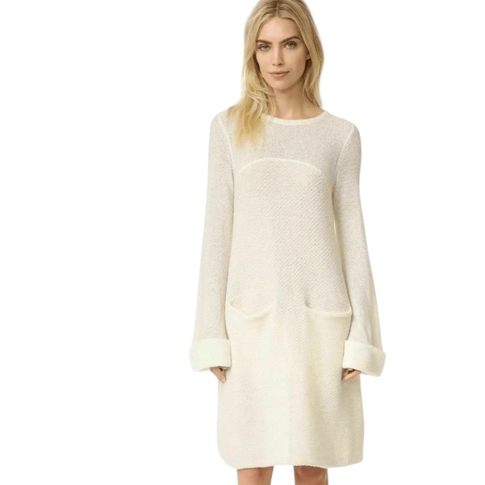 Free People Knit Sweater Dress Large Ivory White Rabbit Bell Sleeve Cozy Boho